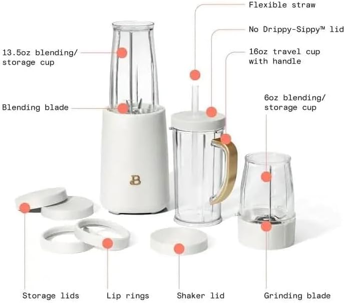 NEW Beautiful Personal Blender Set with 12 Pieces, 240 W, White Icing by Drew Barrymore, 16 oz, United States