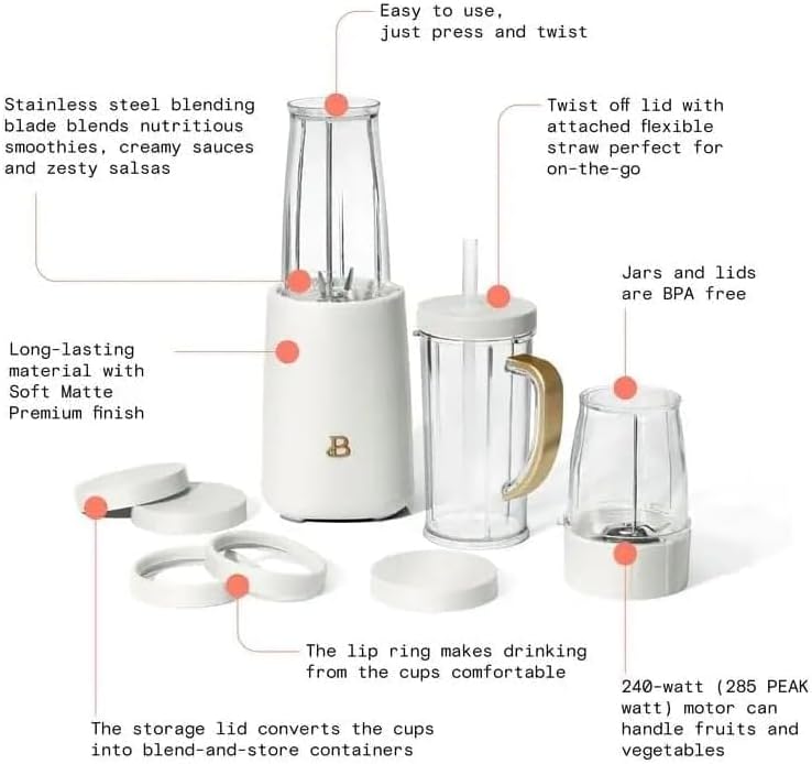 NEW Beautiful Personal Blender Set with 12 Pieces, 240 W, White Icing by Drew Barrymore, 16 oz, United States