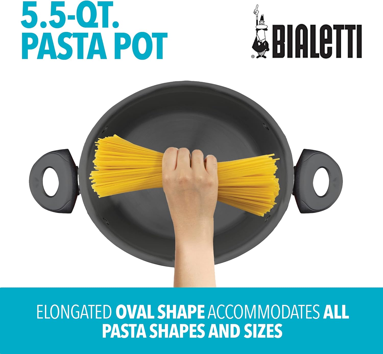 NEW Bialetti 5.5 Quart Pasta Pot with Strainer Lid, Charcoal – Elongated Oval Pot for Longer Spaghetti, Lasagna, Penne & Farfalle Noodles, Heat Resistant Handles & Nonstick Interior, Large Pot for Cooking