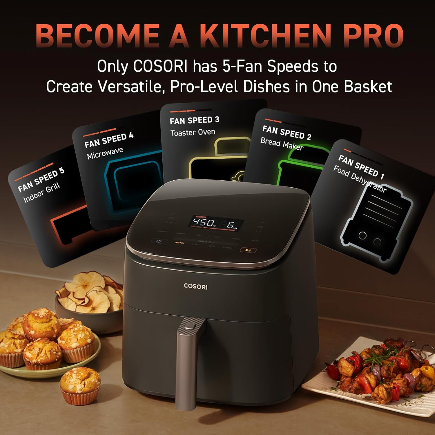 NEW COSORI Air Fryer 9-in-1, Compact & Large 6-Qt, Fast Turbo Modes, 90°–450°F Even Results With Precise Temperature Control, Up to 95% Less Oil*, Roast, Bake, Dry, Reheat, Frozen, Broil, Proof, Grey
