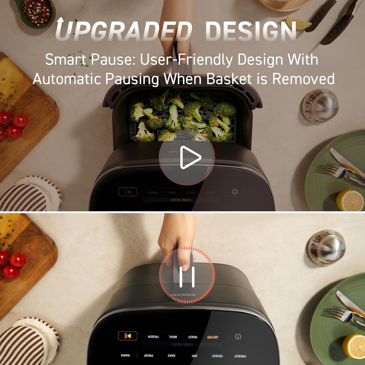 NEW COSORI Air Fryer 9-in-1, Compact & Large 6-Qt, Fast Turbo Modes, 90°–450°F Even Results With Precise Temperature Control, Up to 95% Less Oil*, Roast, Bake, Dry, Reheat, Frozen, Broil, Proof, Grey