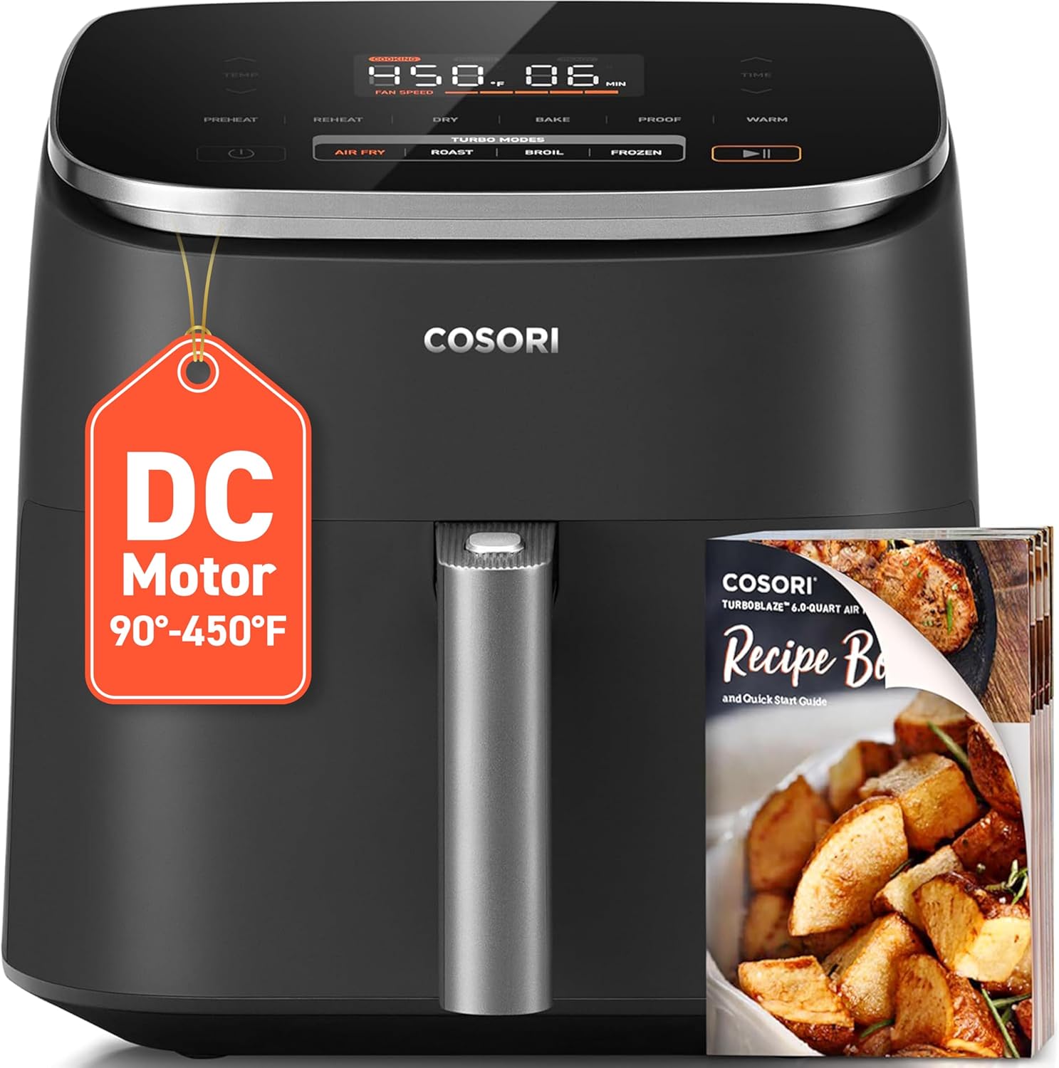 NEW COSORI Air Fryer 9-in-1, Compact & Large 6-Qt, Fast Turbo Modes, 90°–450°F Even Results With Precise Temperature Control, Up to 95% Less Oil*, Roast, Bake, Dry, Reheat, Frozen, Broil, Proof, Grey