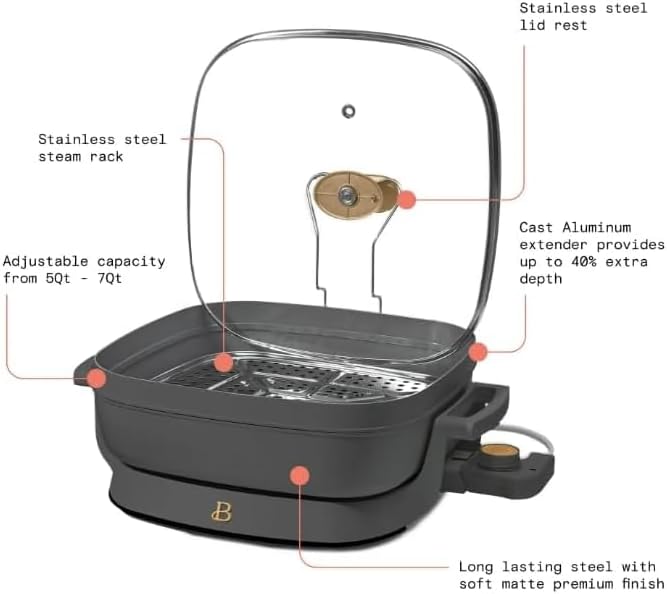 NEW Beautiful 5 in 1 Electric Skillet - Expandable up to 7 Qt with Glass Lid, Oyster Gray by Drew Barrymore