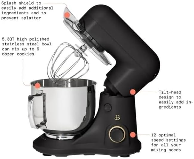 NEW Beautiful 5.3 Qt Stand Mixer, Lightweight & Powerful with Tilt-Head, Powerful 300-watt mixing system & 12 optimal speed settings White Icing by Drew Barrymore (Black Sesame)