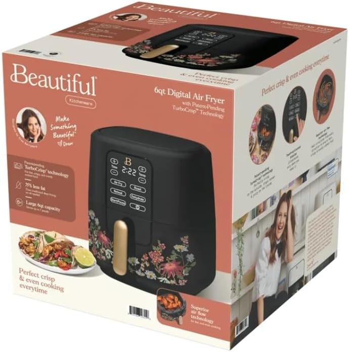 NEW Beautiful 6 Qt Air Fryer with TurboCrisp Technology and Touch-Activated Display, Wildflower by Drew Barrymore, Black