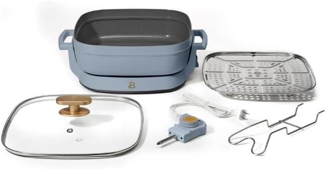 Beautiful 5 in 1 Electric Skillet, Expandable up to 7 Qt with Glass Lid, Cornflower Blue by Drew Barrymore.