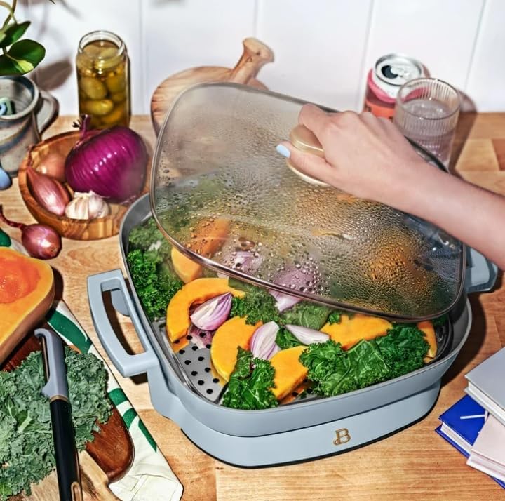 Beautiful 5 in 1 Electric Skillet, Expandable up to 7 Qt with Glass Lid, Cornflower Blue by Drew Barrymore.