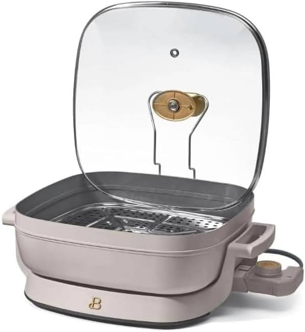 Beautiful 5 in 1 Electric Skillet - Expandable up to 7 Qt with Glass Lid, Porcini Taupe by Drew Barrymore