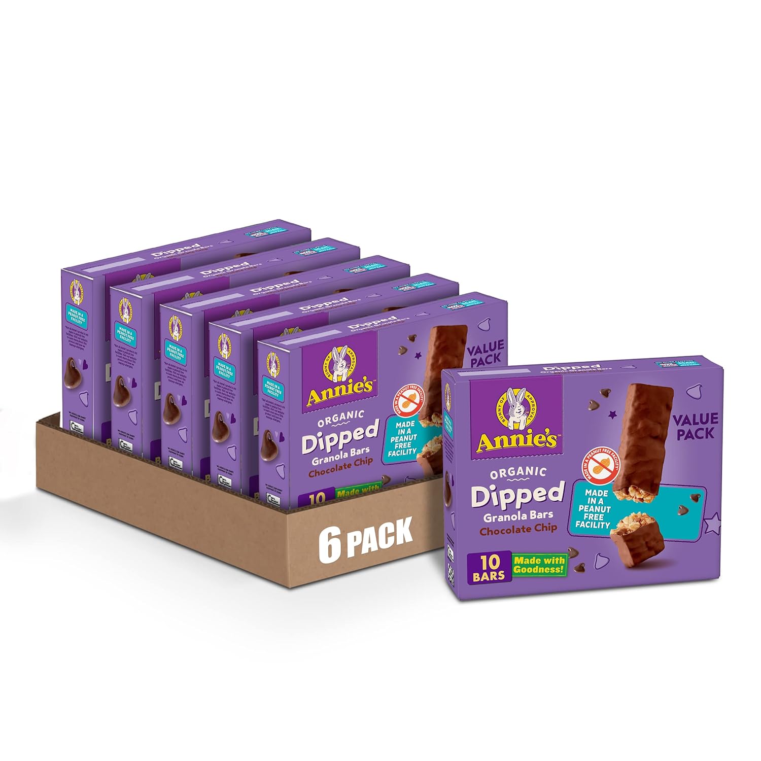 Annie's Organic Dipped Granola Bars, Chocolate Chip, Peanut Free, 10 Bars (Pack of 6)