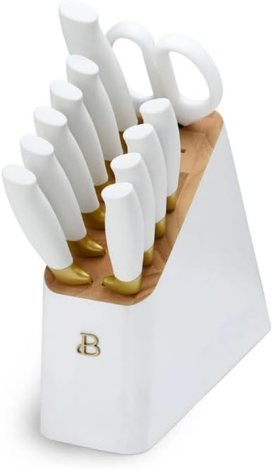 NEW 12 Piece Beautiful Knife Block Set with Soft-Grip Ergonomic Handles White and Gold by Drew Barrymore, 5306062