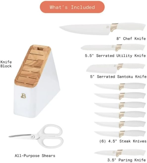 NEW 12 Piece Beautiful Knife Block Set with Soft-Grip Ergonomic Handles White and Gold by Drew Barrymore, 5306062