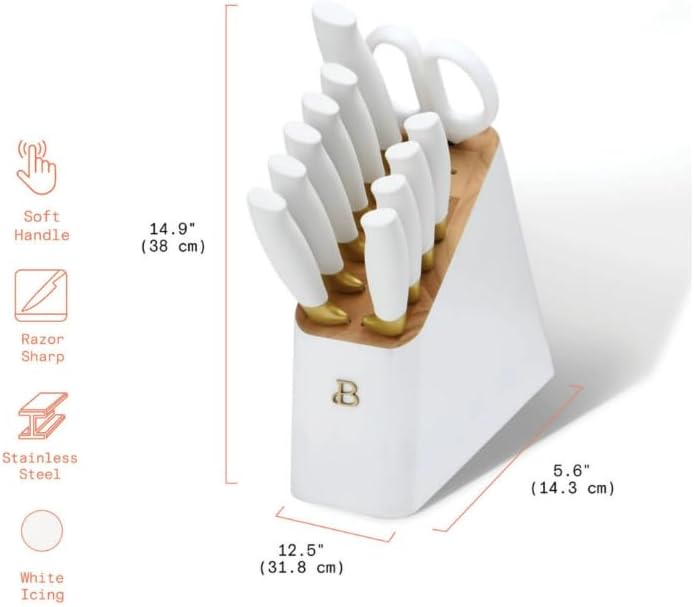 NEW 12 Piece Beautiful Knife Block Set with Soft-Grip Ergonomic Handles White and Gold by Drew Barrymore, 5306062