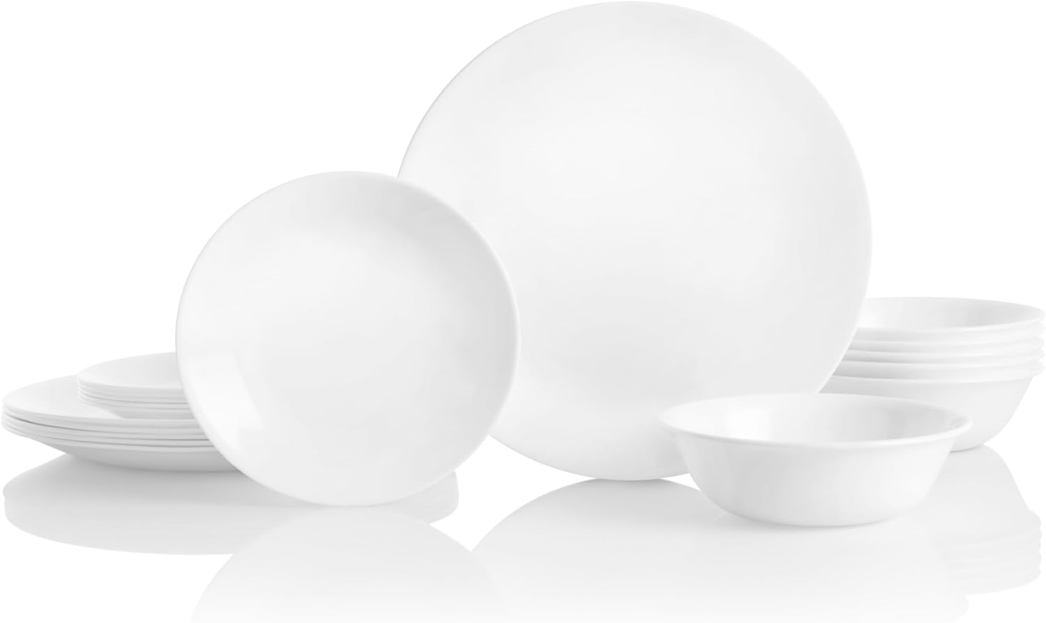 NEW Corelle Vitrelle 18-Piece Service for 6 Dinnerware Set, Triple Layer Glass and Chip Resistant, Lightweight Round Plates and Bowls Set, Winter Frost White