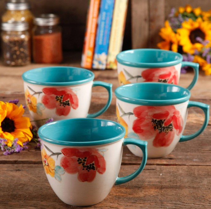 NEW  The Pioneer Women Flea Market Decorated Coffee Cup, Floral Turquoise, Set of 4