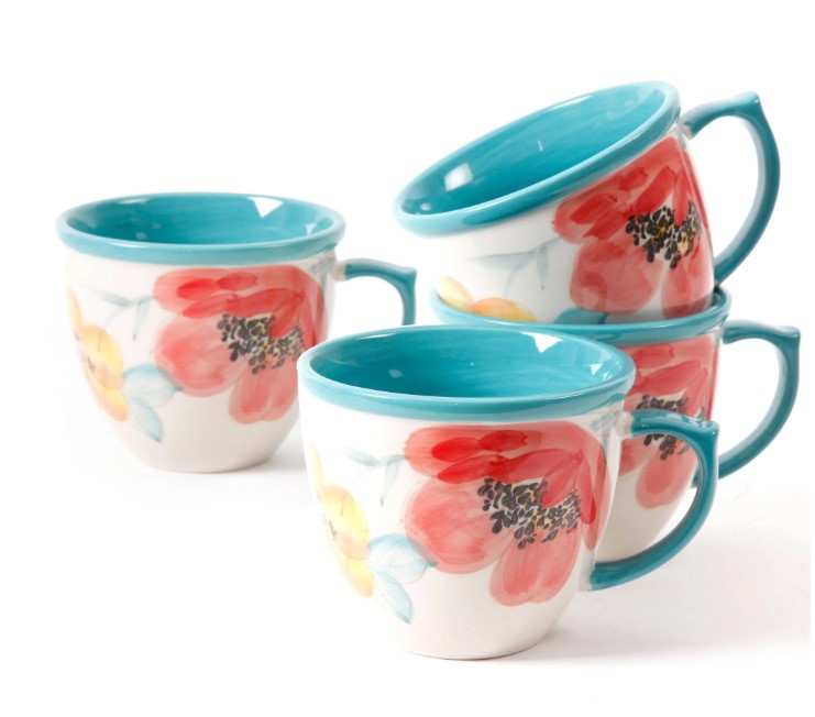 NEW  The Pioneer Women Flea Market Decorated Coffee Cup, Floral Turquoise, Set of 4