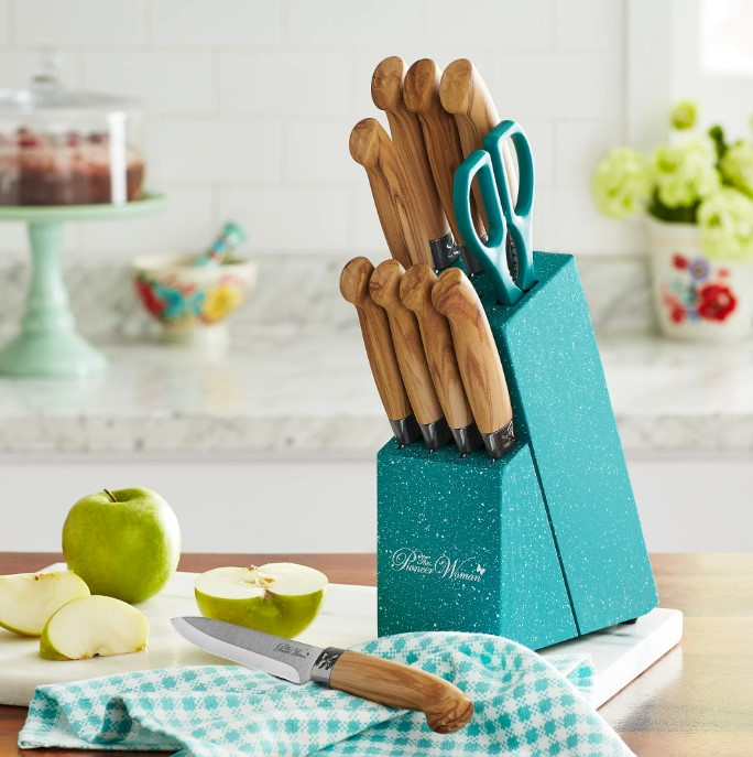 NEW The Pioneer Woman 11-Piece Stainless Steel Knife Block Set, Teal Speckle