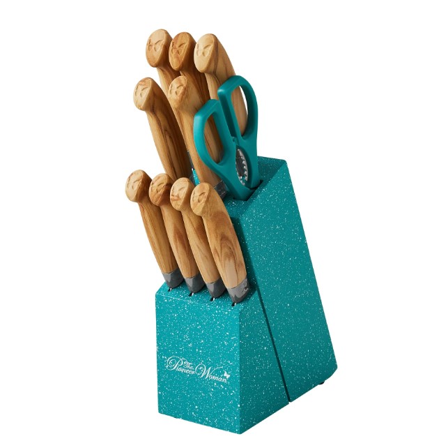 NEW The Pioneer Woman 11-Piece Stainless Steel Knife Block Set, Teal Speckle