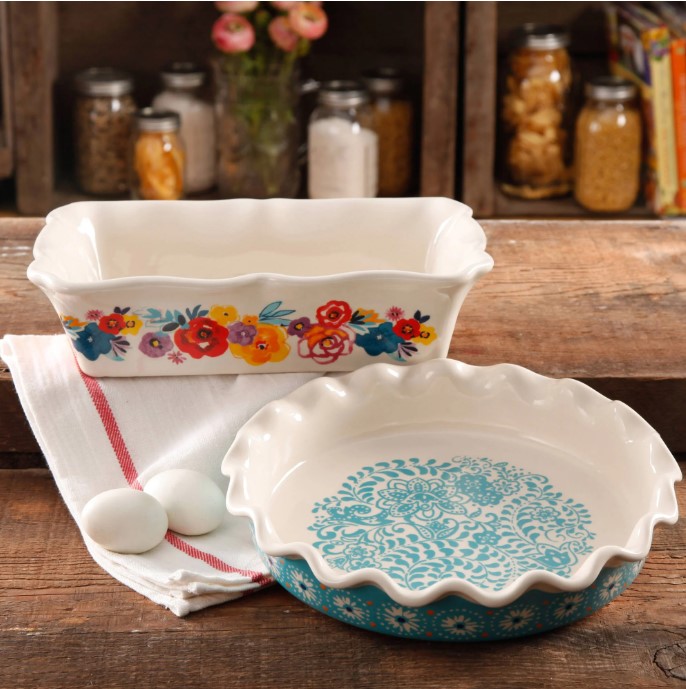 The Pioneer Woman 14.57-inch Stoneware Pie & Loaf Pan, 2 Count