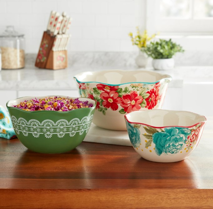 NEW The Pioneer Woman Vintage Floral 3-Piece Serving Bowl Set