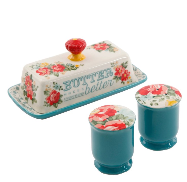 The Pioneer Woman Vintage Floral Salt and Pepper and Butter Dish Set