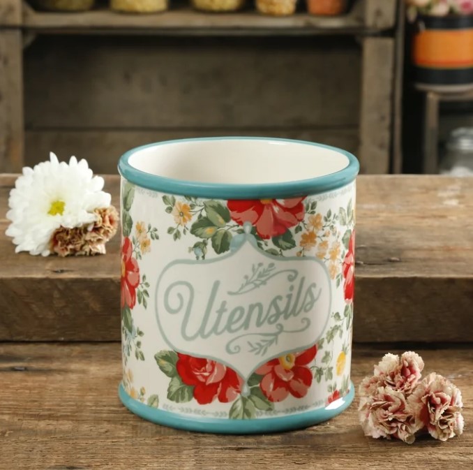 NEW The Pioneer Woman Vintage Floral Stoneware Utensil Crock, 7"