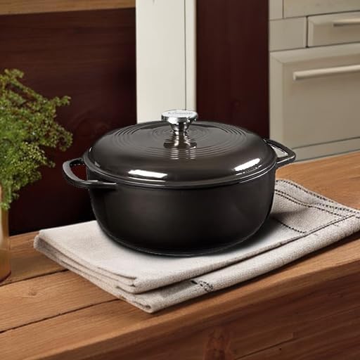 NEW Lodge 6 Quart Enameled Cast Iron Dutch Oven with Lid – Dual Handles – Oven Safe up to 500° F or on Stovetop - Use to Marinate, Cook, Bake, Refrigerate and Serve – Midnight Chrome