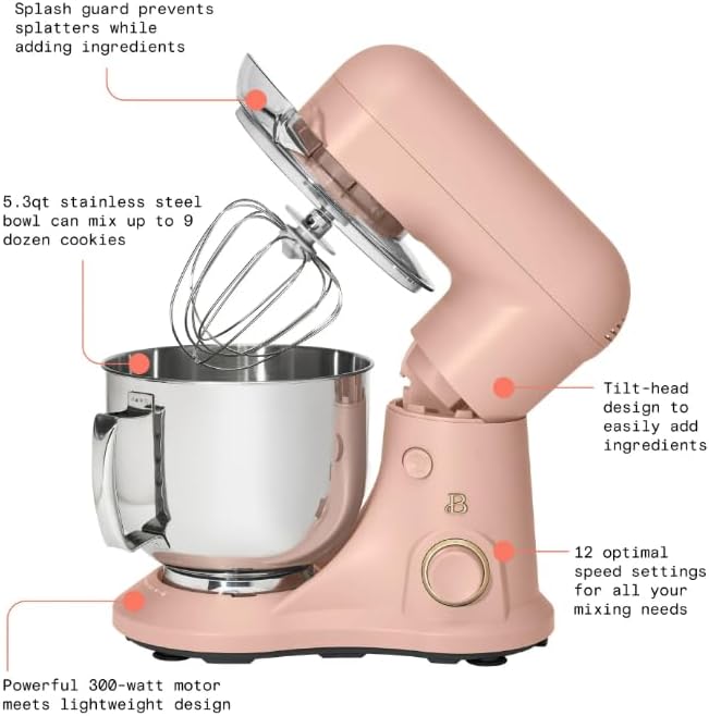 NEW Beautiful 5.3 Qt Stand Mixer, Lightweight & Powerful with Tilt-Head, Rose by Drew Barrymore