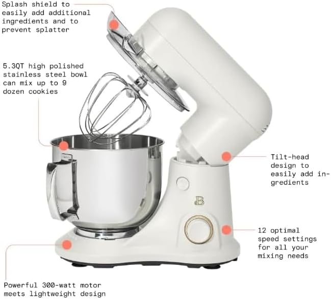 NEW Beautiful 5.3 Qt Stand Mixer, Lightweight & Powerful with Tilt-Head, Powerful 300-watt mixing system & 12 optimal speed settings White Icing by Drew Barrymore (White Icing)