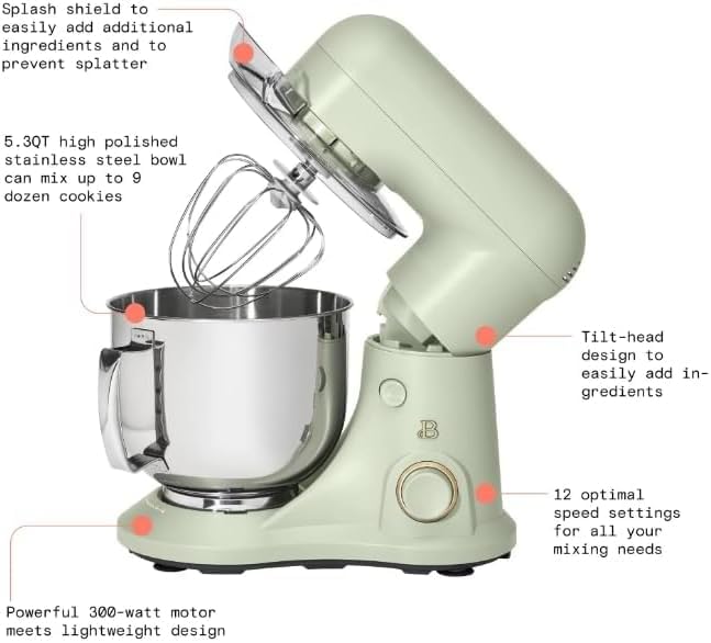NEW Beautiful 5.3 Qt Stand Mixer, Lightweight & Powerful with Tilt-Head, Powerful 300-watt mixing system & 12 optimal speed settings White Icing by Drew Barrymore (Sage Green)