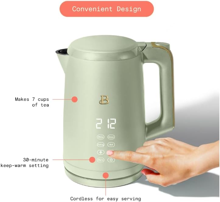 NEW Beautiful 1.7-Liter Electric Kettle 1500 W with One-Touch Activation, Sage Green by Drew Barrymore