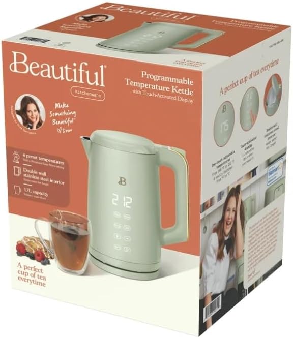 NEW Beautiful 1.7-Liter Electric Kettle 1500 W with One-Touch Activation, Sage Green by Drew Barrymore