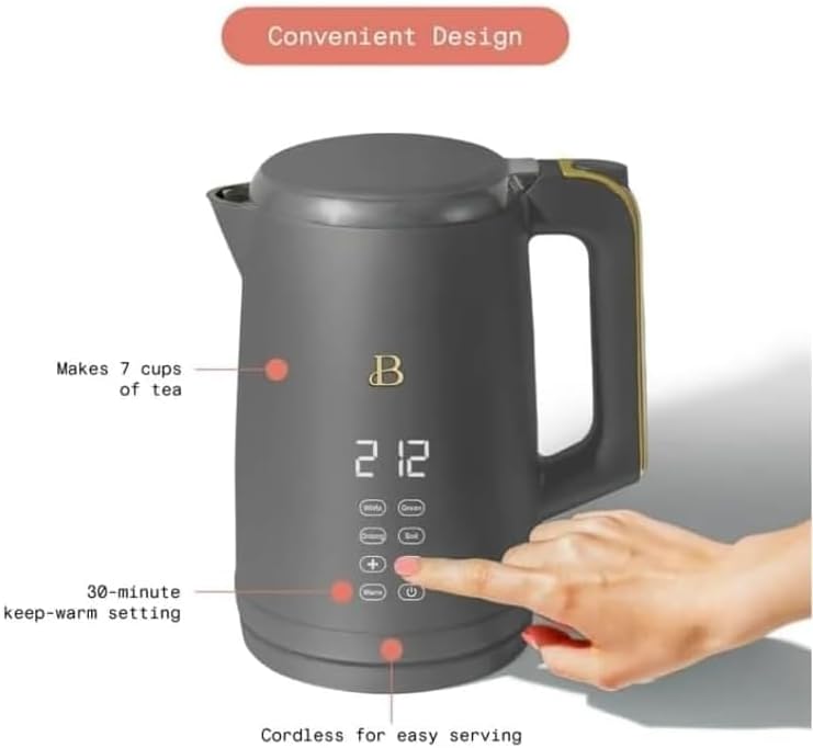 NEW Beautiful 1.7-Liter Electric Kettle 1500 W with One-Touch Activation, Oyster Gray by Drew Barrymore
