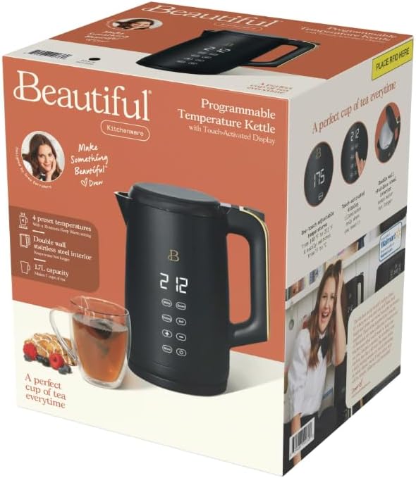 NEW Beautiful 1.7-Liter Electric Kettle 1500 W with One-Touch Activation, Black Sesame by Drew Barrymore