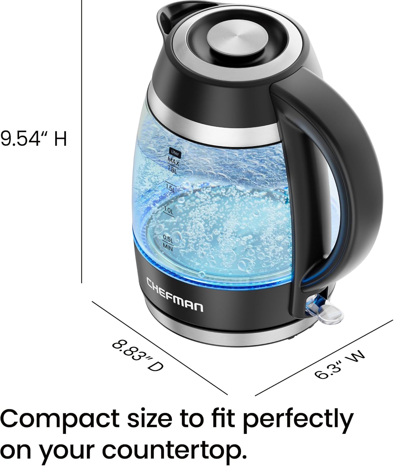 NEW Chefman Electric Kettle, 1.8L 1500W, Hot Water Boiler, Removable Lid for Easy Cleaning, Auto Shut Off, Boil-Dry Protection, Stainless Steel Filter, BPA Free, Borosilicate Glass Electric Tea Kettle