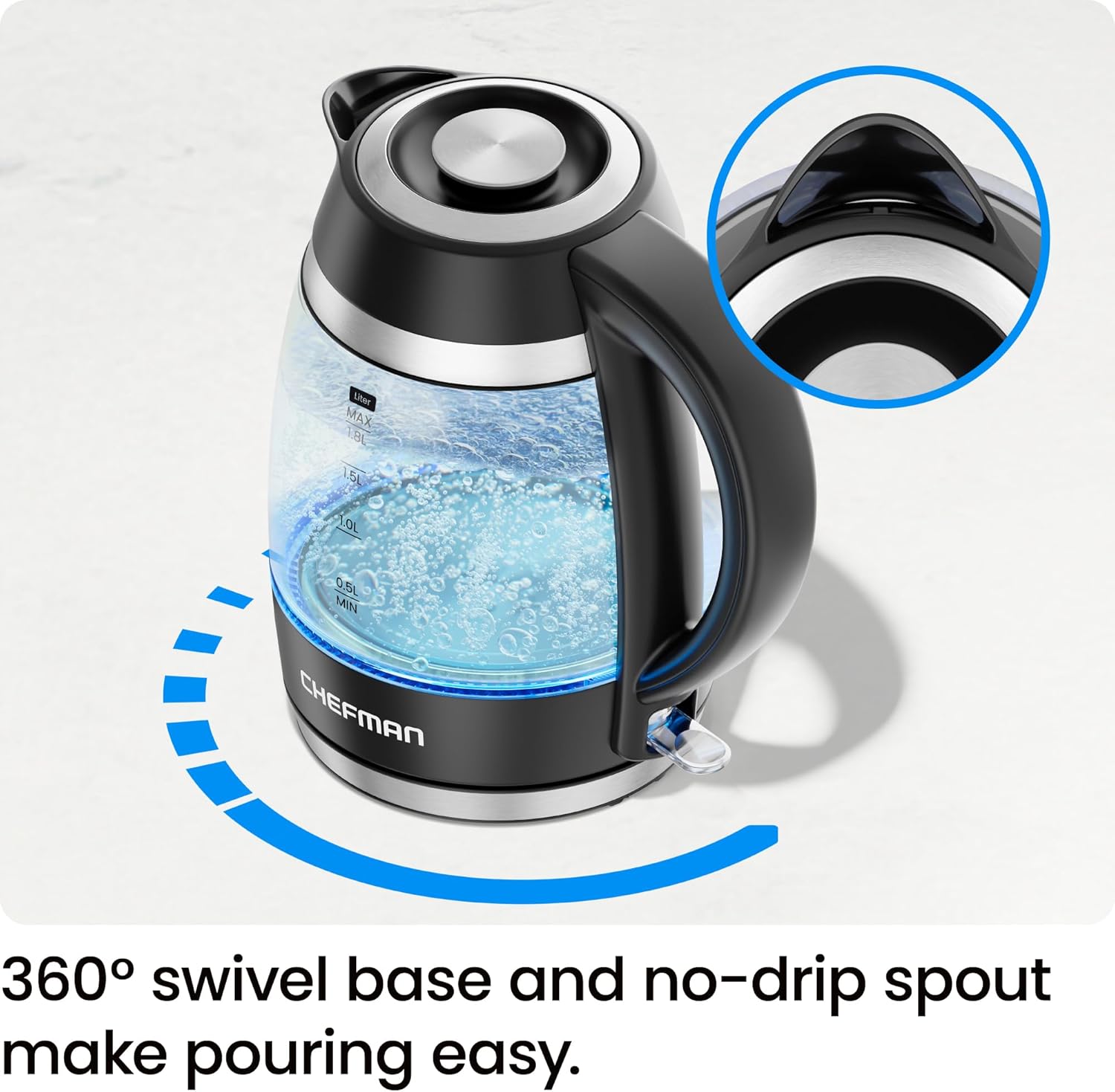 NEW Chefman Electric Kettle, 1.8L 1500W, Hot Water Boiler, Removable Lid for Easy Cleaning, Auto Shut Off, Boil-Dry Protection, Stainless Steel Filter, BPA Free, Borosilicate Glass Electric Tea Kettle