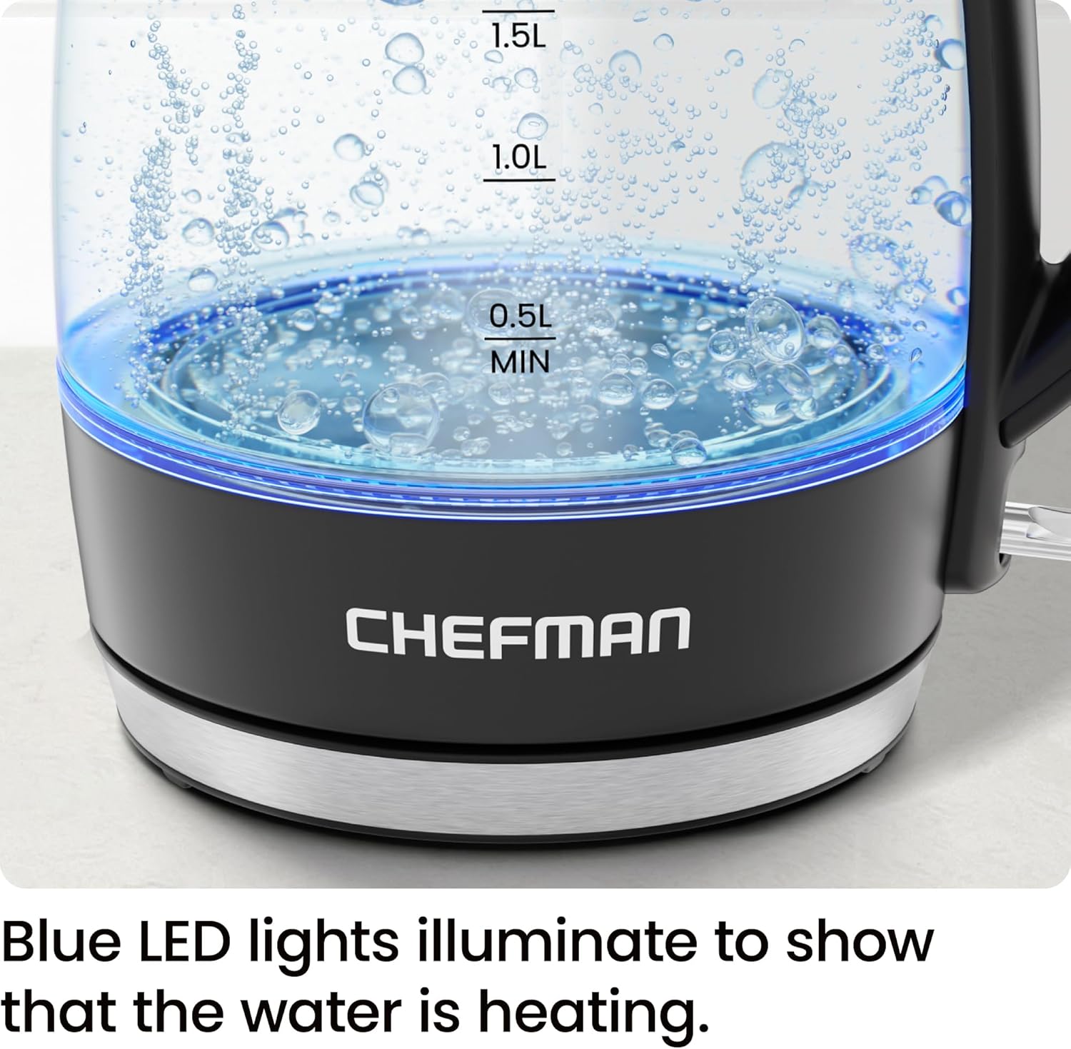 NEW Chefman Electric Kettle, 1.8L 1500W, Hot Water Boiler, Removable Lid for Easy Cleaning, Auto Shut Off, Boil-Dry Protection, Stainless Steel Filter, BPA Free, Borosilicate Glass Electric Tea Kettle