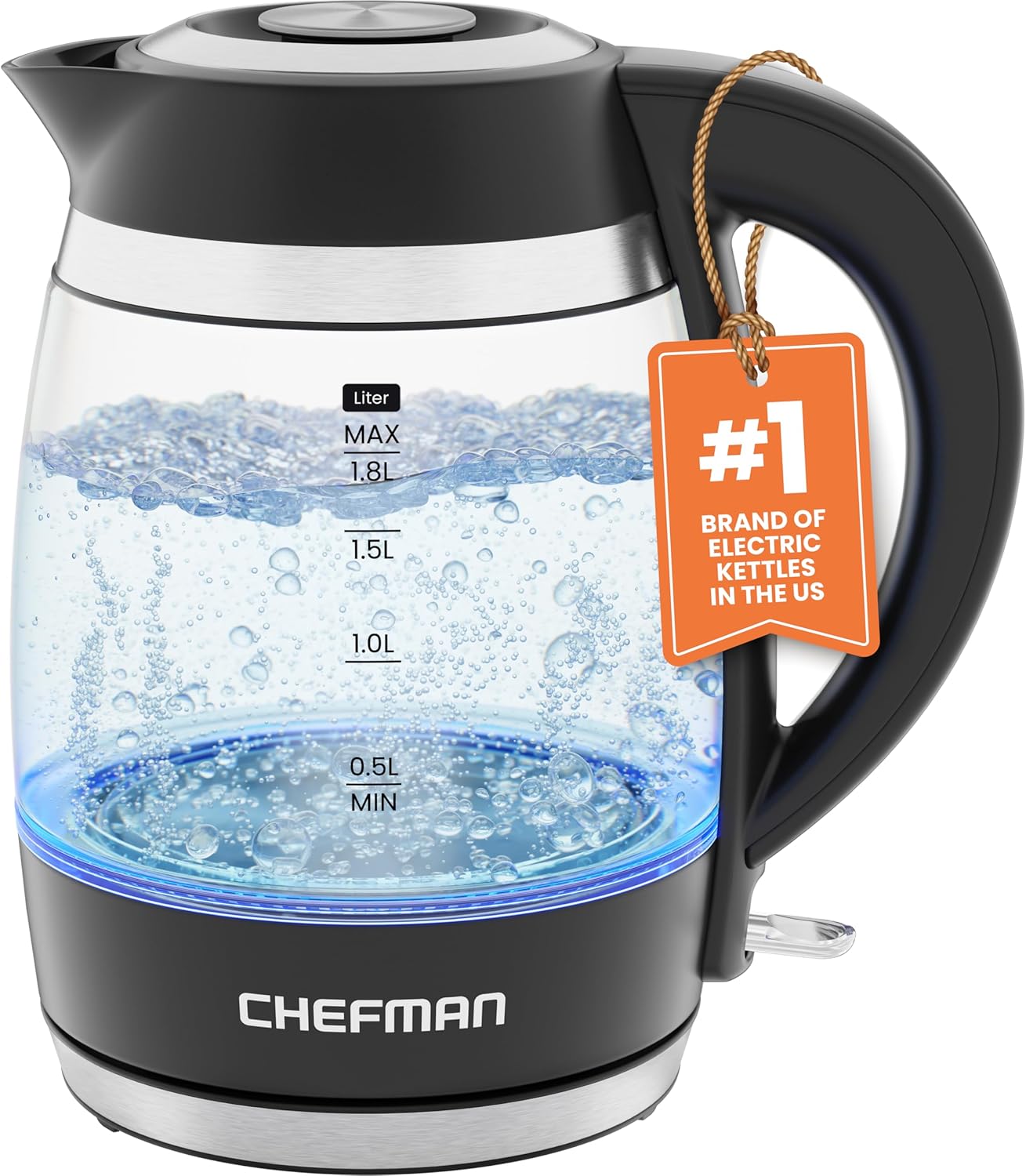 NEW Chefman Electric Kettle, 1.8L 1500W, Hot Water Boiler, Removable Lid for Easy Cleaning, Auto Shut Off, Boil-Dry Protection, Stainless Steel Filter, BPA Free, Borosilicate Glass Electric Tea Kettle