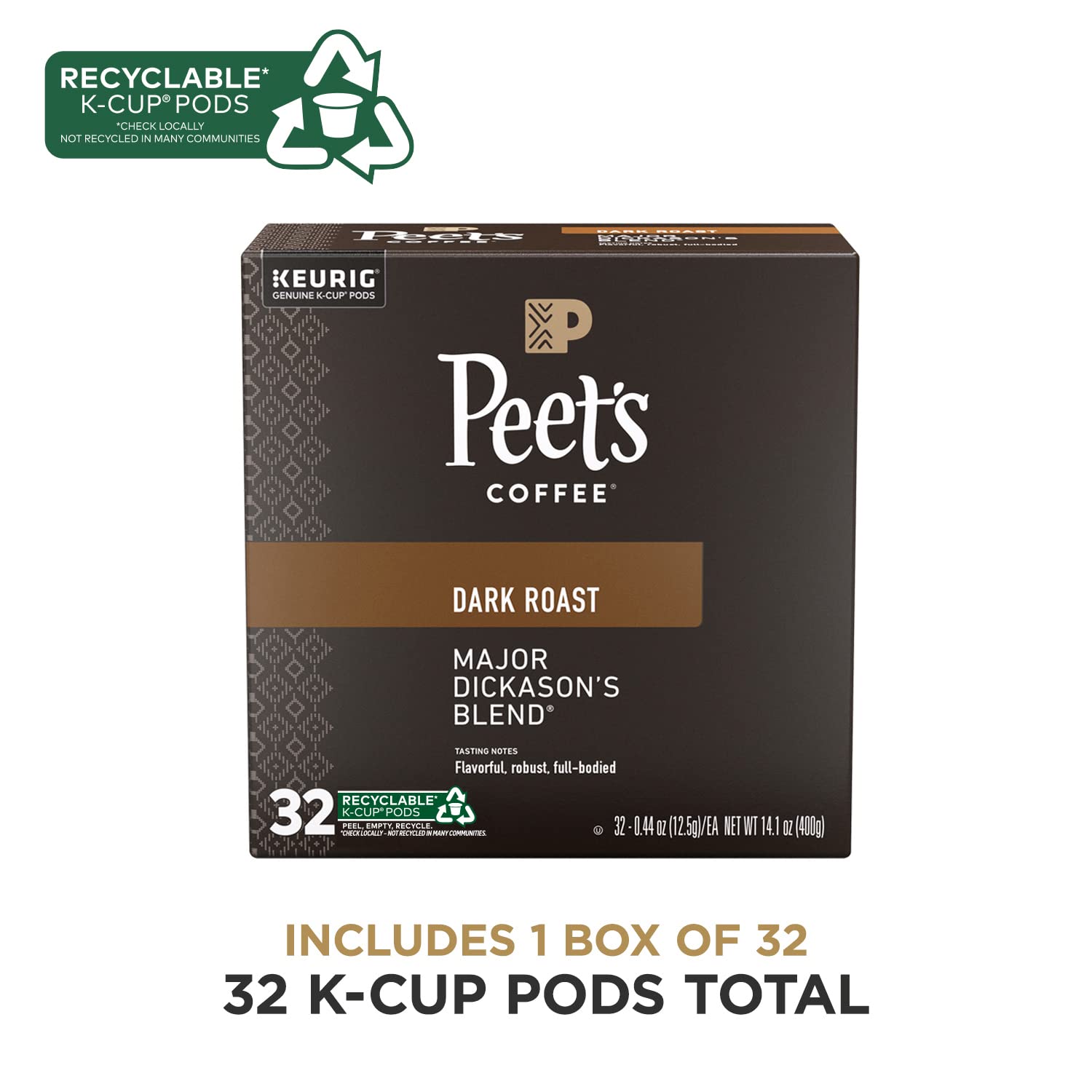 Peet's Coffee, Major Dickason's Blend - Dark Roast Coffee - 32 K-Cup Pods for Keurig Brewers (1 Box of 32 K-Cup Pods)