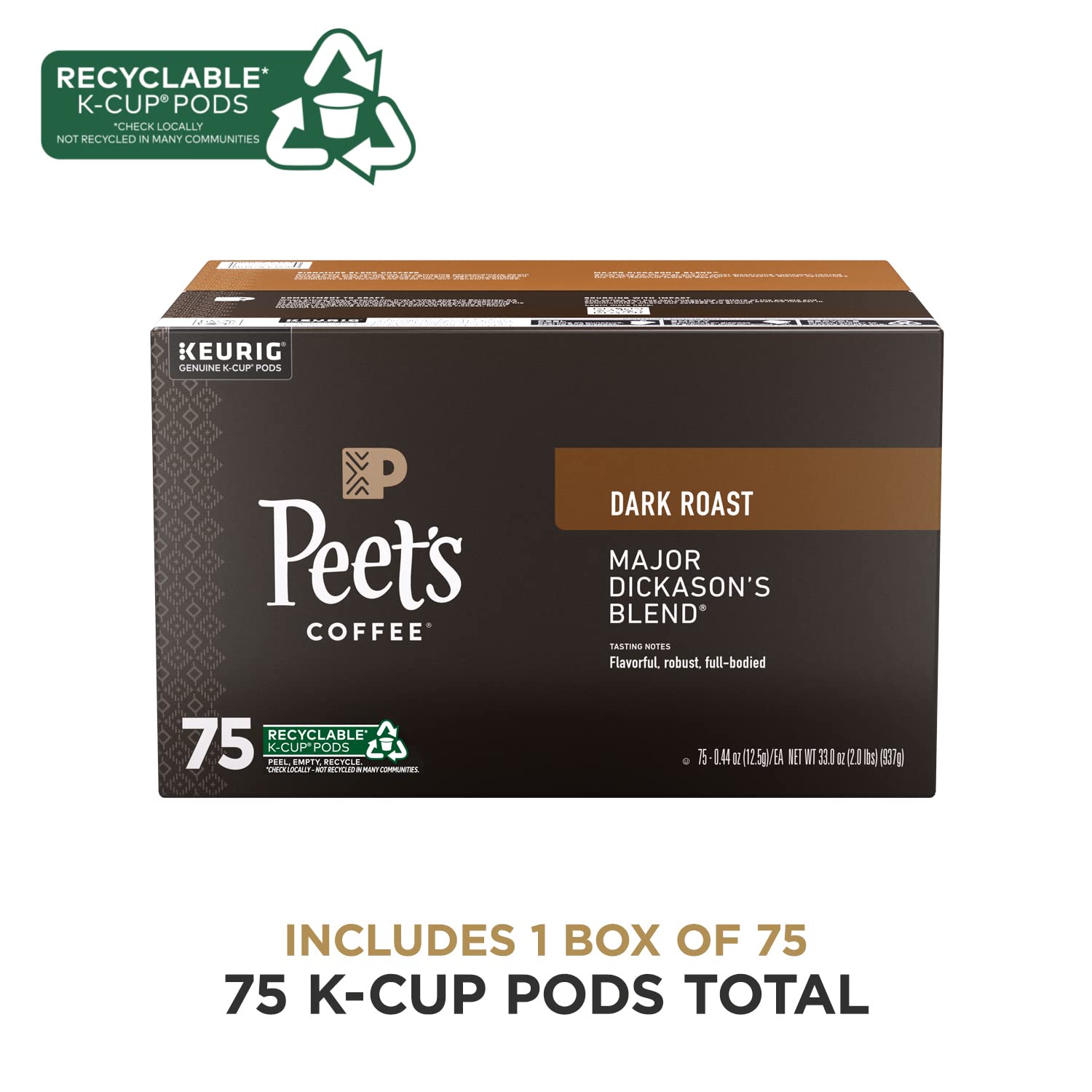 Peet's Coffee, Dark Roast Keurig K-Cup Pods - Major Dickason's Blend 75 Count (1 Box of 75 K-Cup Pods)