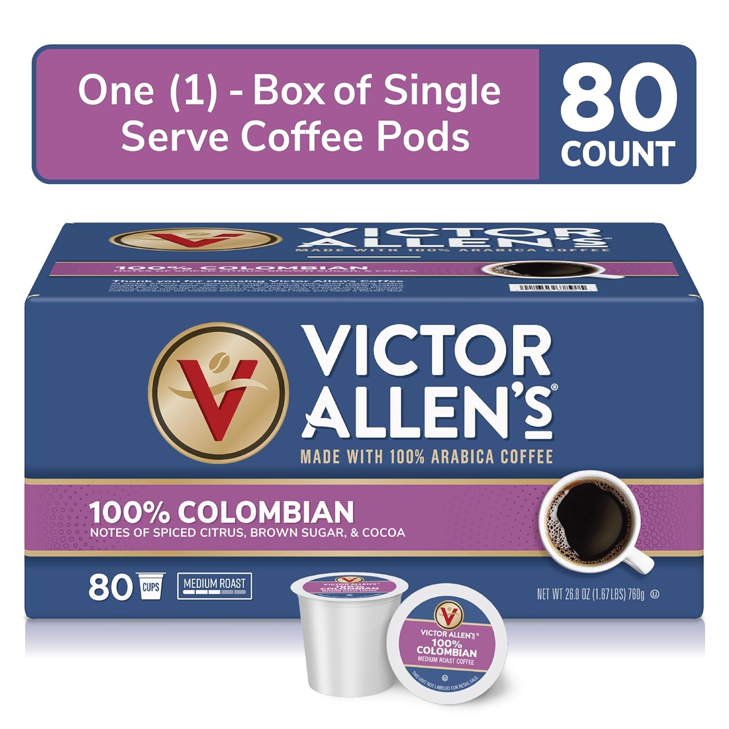 Victor Allen's Coffee 100% Colombian, Medium Roast, 80 Count, Single Serve Coffee Pods for Keurig K-Cup Brewers