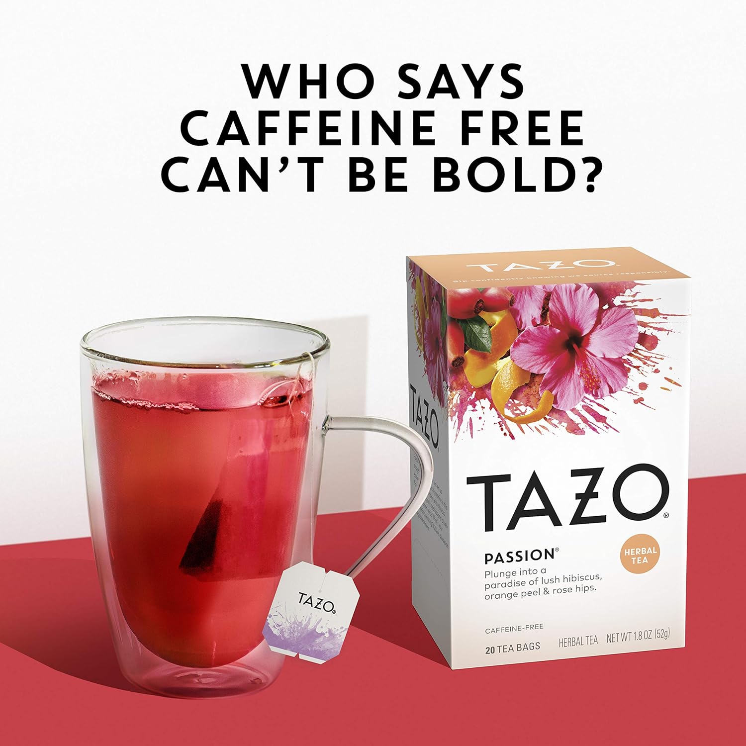 TAZO Passion Herbal Tea Bags, Iced or Hot, Caffeine-Free, 20 Total Tea Bags