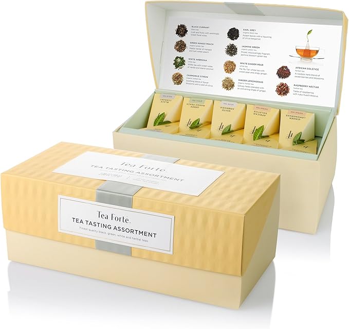 Tea Forte Tea Tasting Assortment Premium Tea Presentation Box, Tea Sampler Gift Set, 20 Count 2 of Each Variety Individually Wrapped Handcrafted Pyramid Infuser Bags