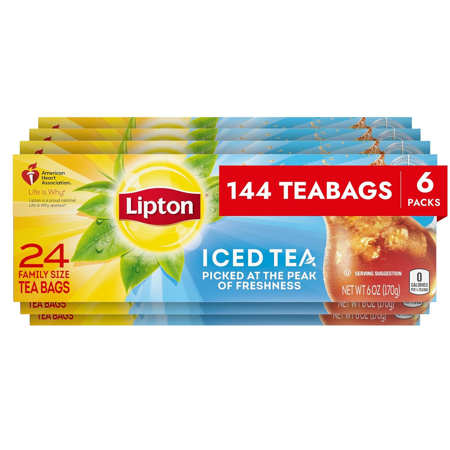 Lipton Tea Bags, Family Size Iced Tea Bags, Unsweetened, 24 Count (Pack of 6)