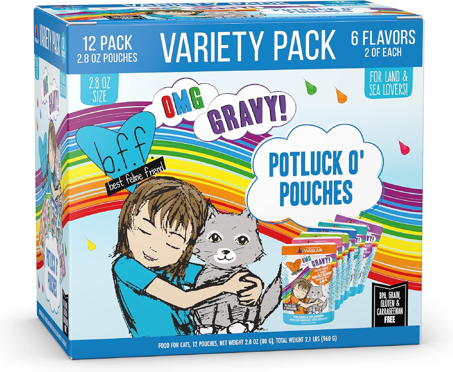 Weruva B.F.F. OMG - Best Feline Friend Oh My Gravy!, Variety Pack, Potluck O' Pouches, Wet Cat Food, 2.8Oz Pouches (Pack of 12)