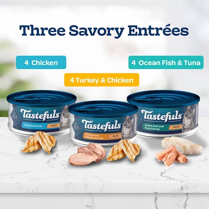 Blue Buffalo Tastefuls Wet Cat Food Paté Variety Pack Chicken Turkey & Chicken Ocean Fish & Tuna, 5.5 oz. Cans (12 Count)