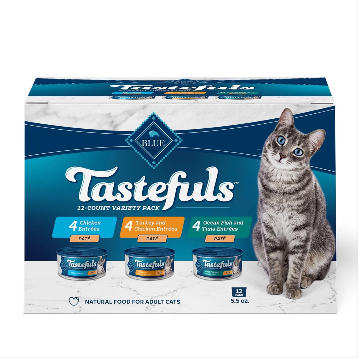Blue Buffalo Tastefuls Wet Cat Food Paté Variety Pack Chicken Turkey & Chicken Ocean Fish & Tuna, 5.5 oz. Cans (12 Count)