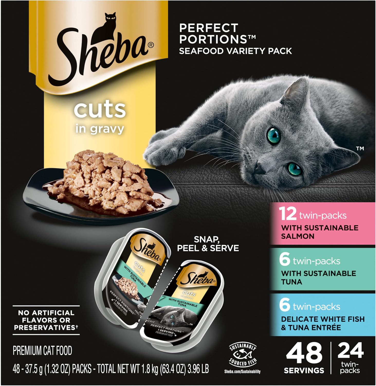 Sheba Perfect Portions Wet Cat Food Cuts in Gravy Variety Pack, Sustainable Salmon, Sustainable Tuna, and Delicate White Fish & Tuna Entree, 2.6 oz., Twin-Pack Trays, (24 Count, 48 Servings)