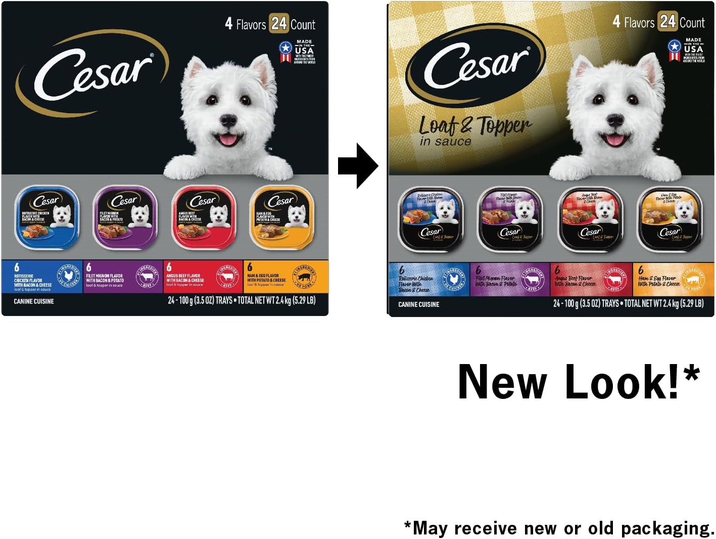 CESAR Adult Wet Dog Food Loaf in Sauce Rotisserie Chicken, Filet Mignon, Angus Beef, and Ham & Egg Flavors Variety Pack, 3.5 oz. Easy Peel Trays, Pack of 24