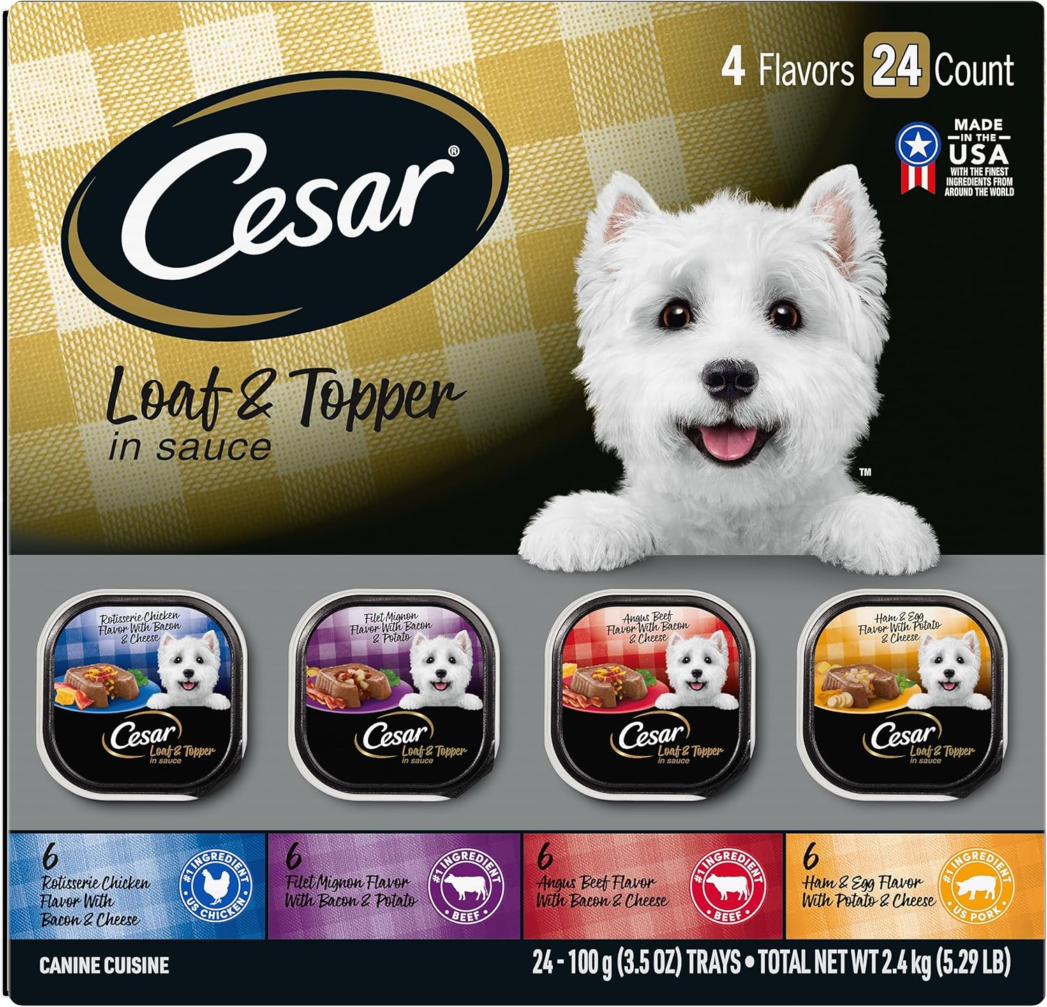 CESAR Adult Wet Dog Food Loaf in Sauce Rotisserie Chicken, Filet Mignon, Angus Beef, and Ham & Egg Flavors Variety Pack, 3.5 oz. Easy Peel Trays, Pack of 24