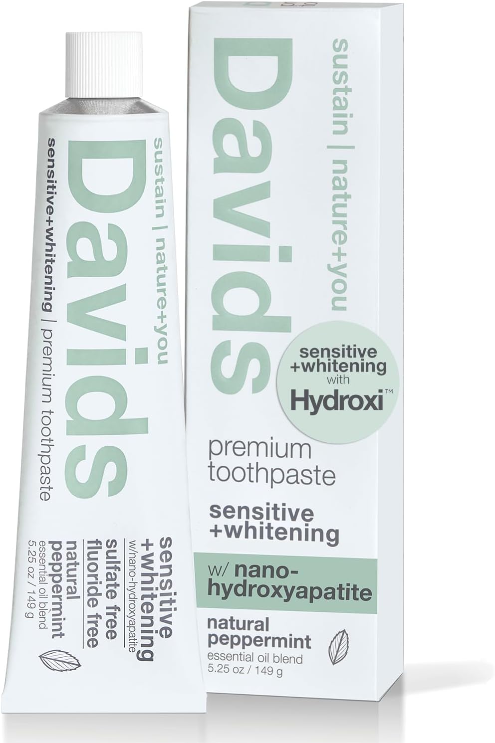 Davids Hydroxi Fluoride Free Nano Hydroxyapatite Toothpaste for Remineralizing Enamel & Sensitive Relief, Whitening, Antiplaque, SLS Free, Natural Peppermint, 5.25oz, Made in USA